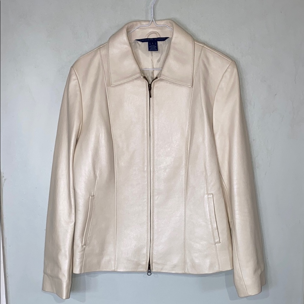 Catherine Stewart Ivory Classy Collared Leather Zip Up Jacket Fully Lined Large